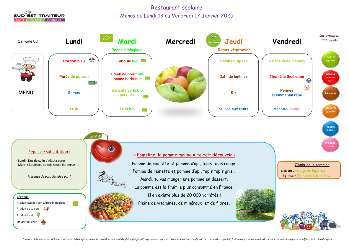 Menus du Lundi 3 au vendredi 7 février 2025