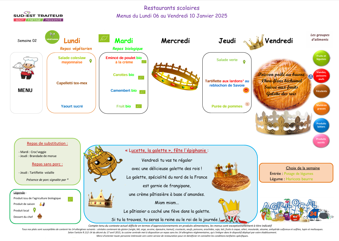 Menus du Lundi 6 au vendredi 10 janvier 2025