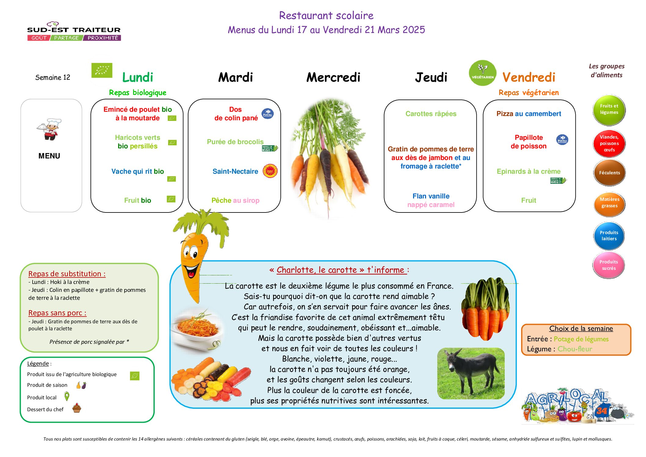 Menus du Lundi 17 au vendredi 21 mars2025