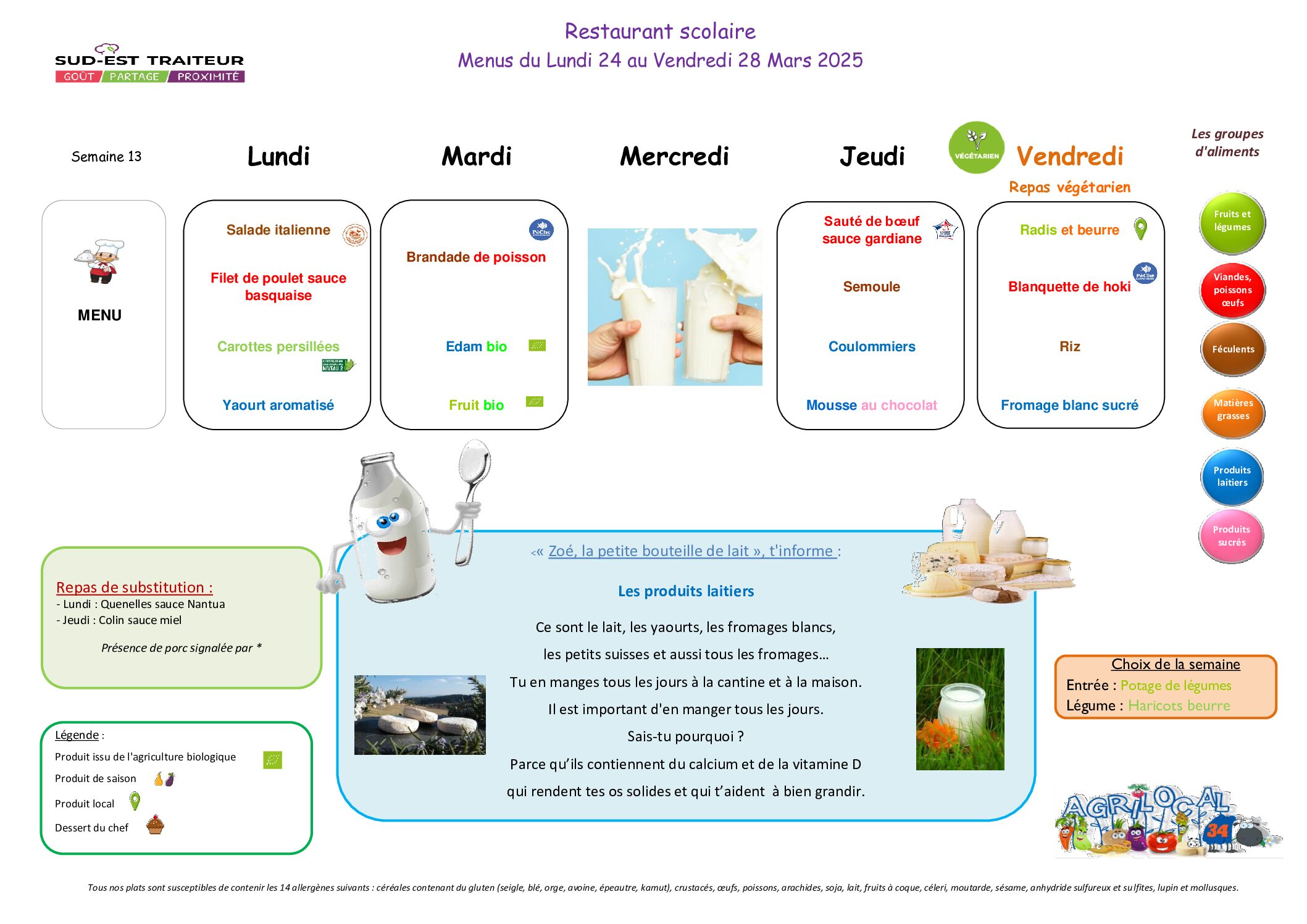 Menus du Lundi 24 au vendredi 28 mars2025