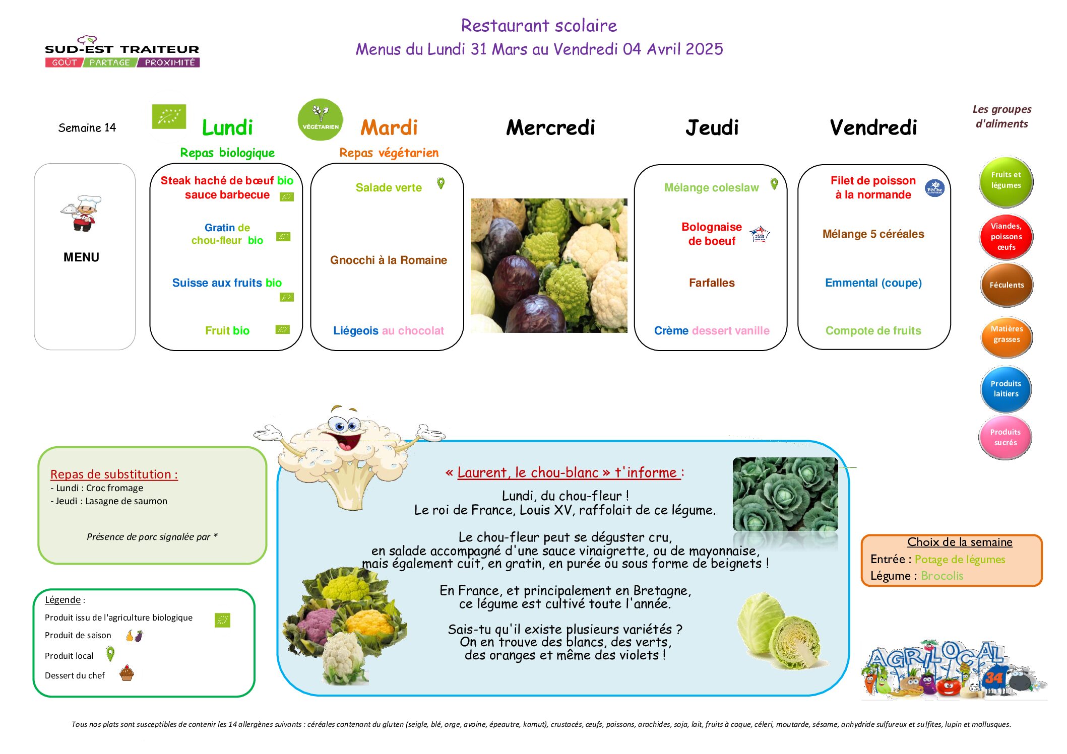 Menus du Lundi 31 au vendredi 4 avril 2025