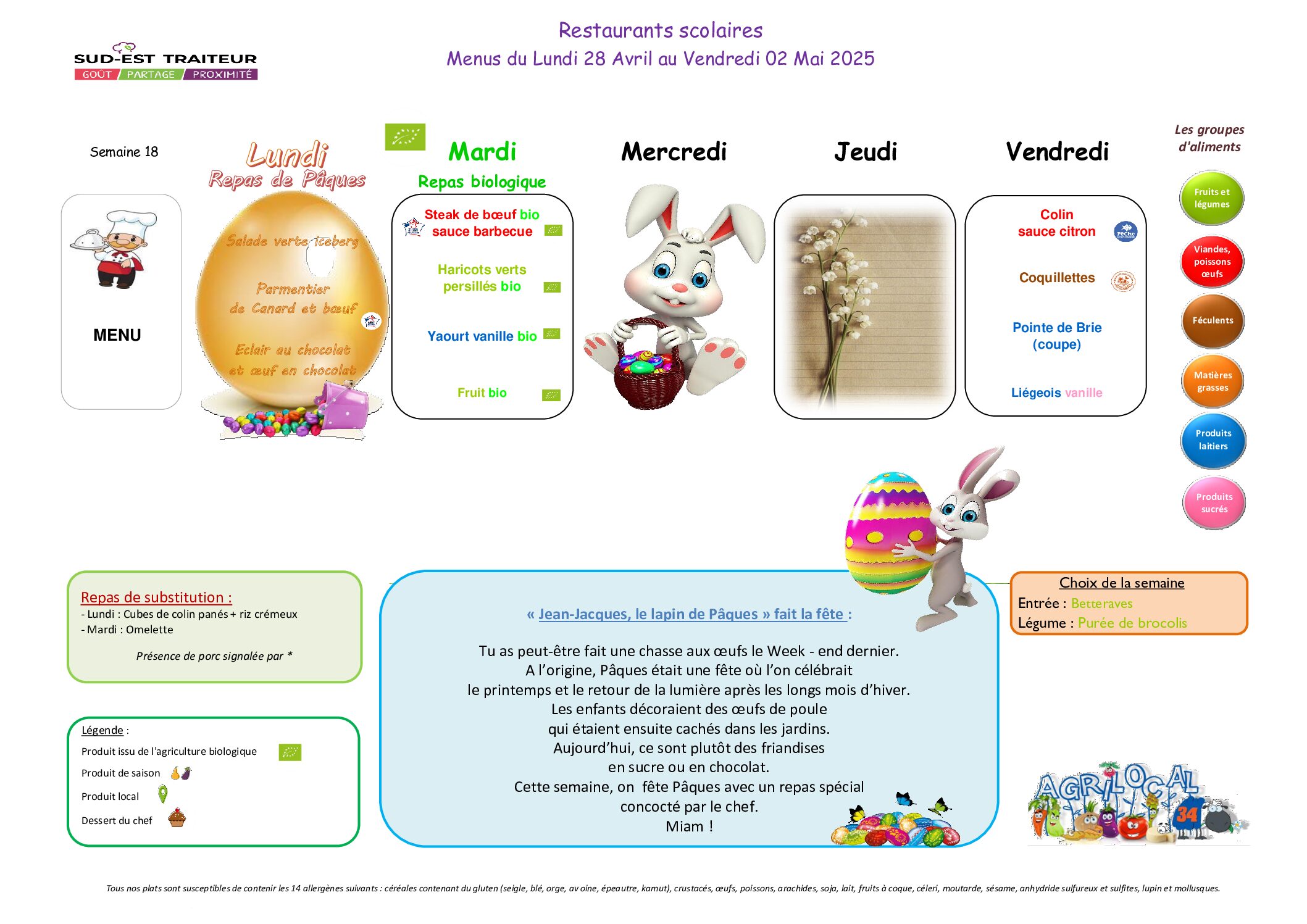 Menus du Lundi 28 avril au vendredi 2 mai