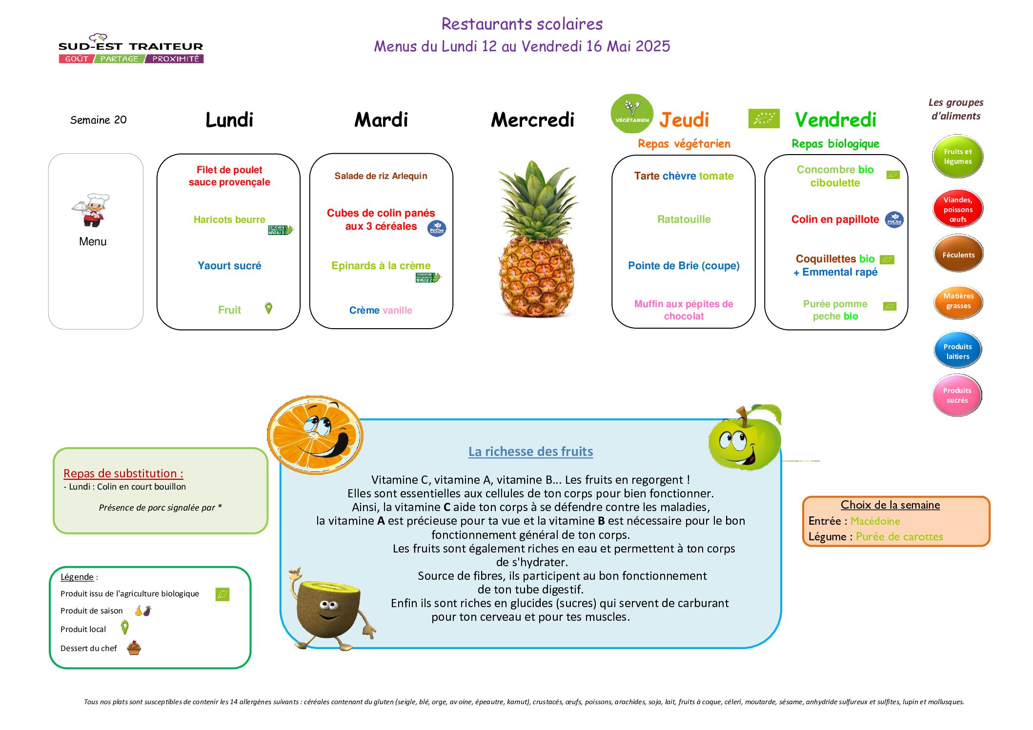 Menus du Lundi 12 mai au vendredi 16 mai