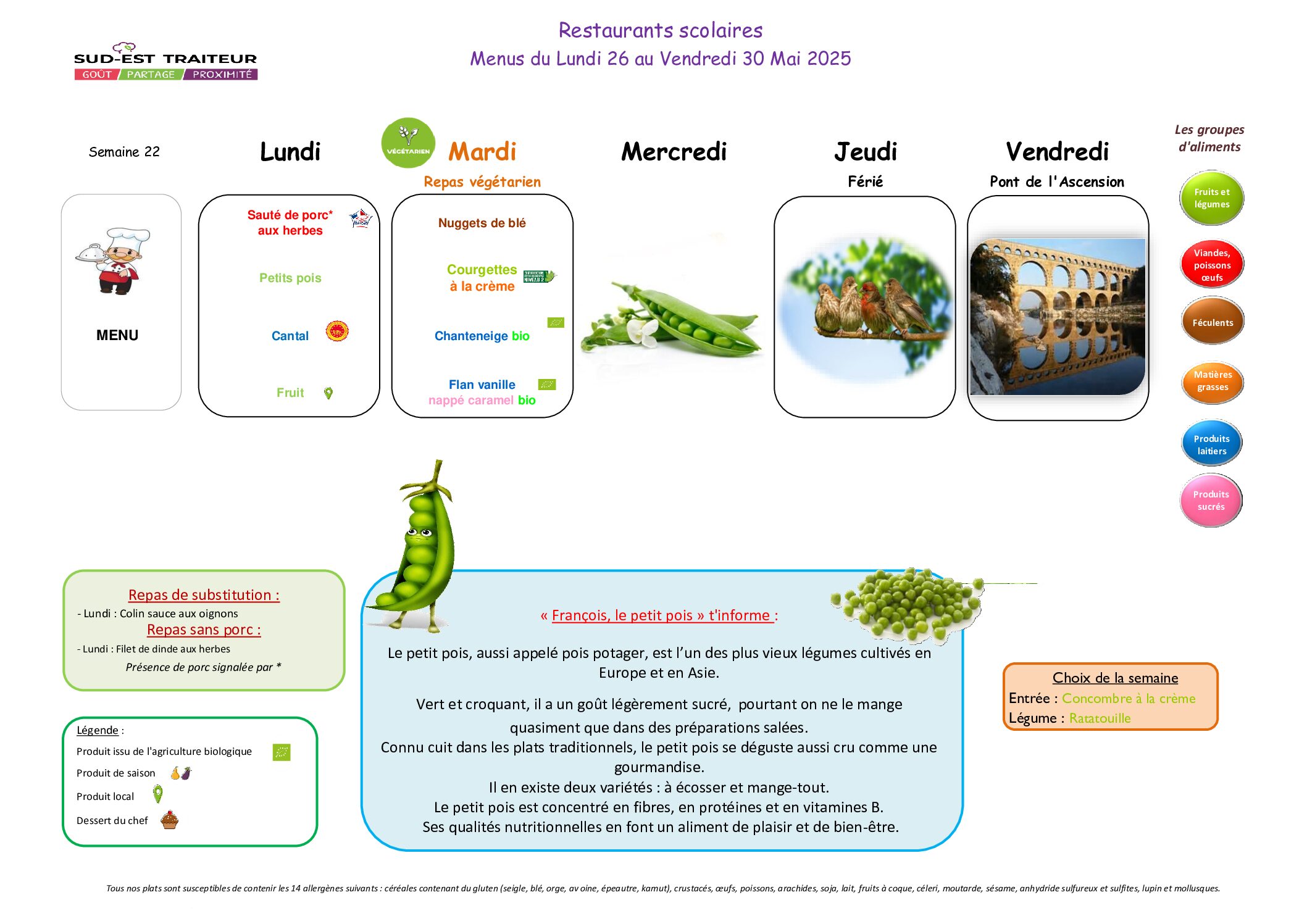 Menus du Lundi 2 au vendredi 6 juin