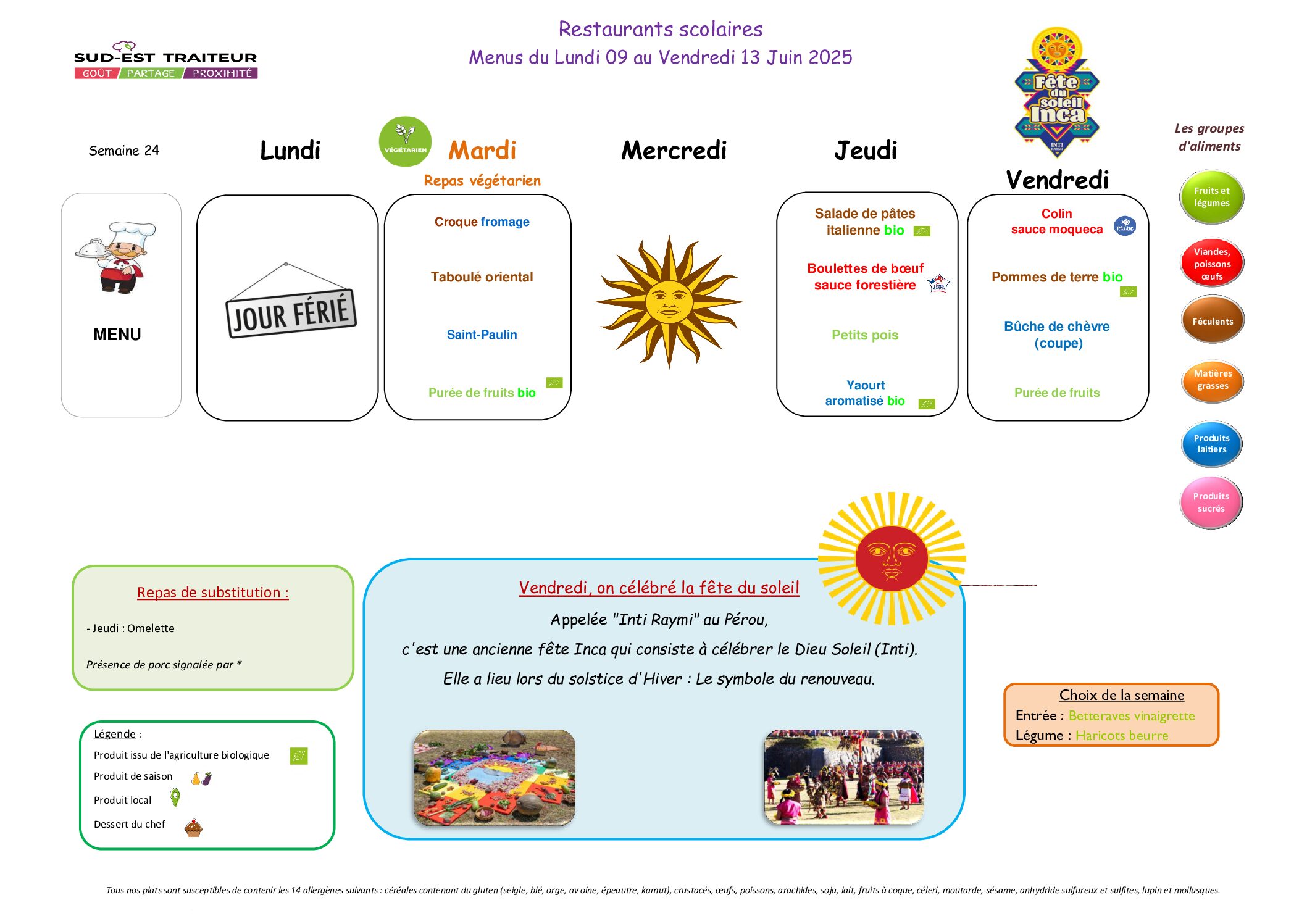 Menus du Lundi 9 au 13 juin
