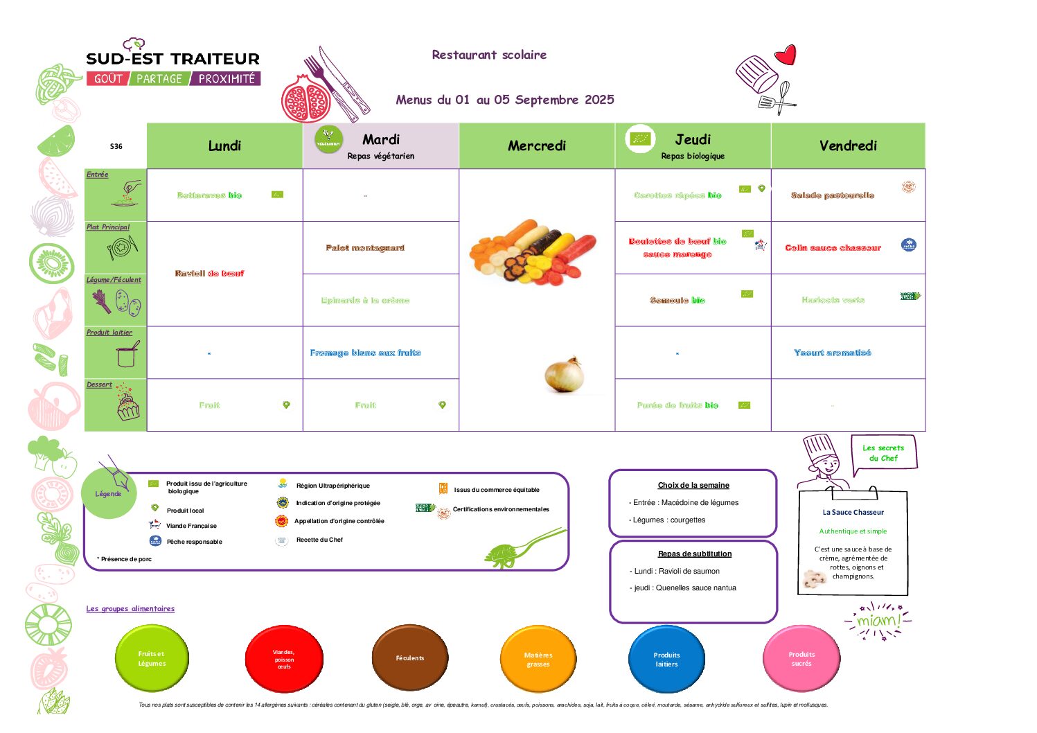 Menus du Lundi 1er et vendredi 5 septembre