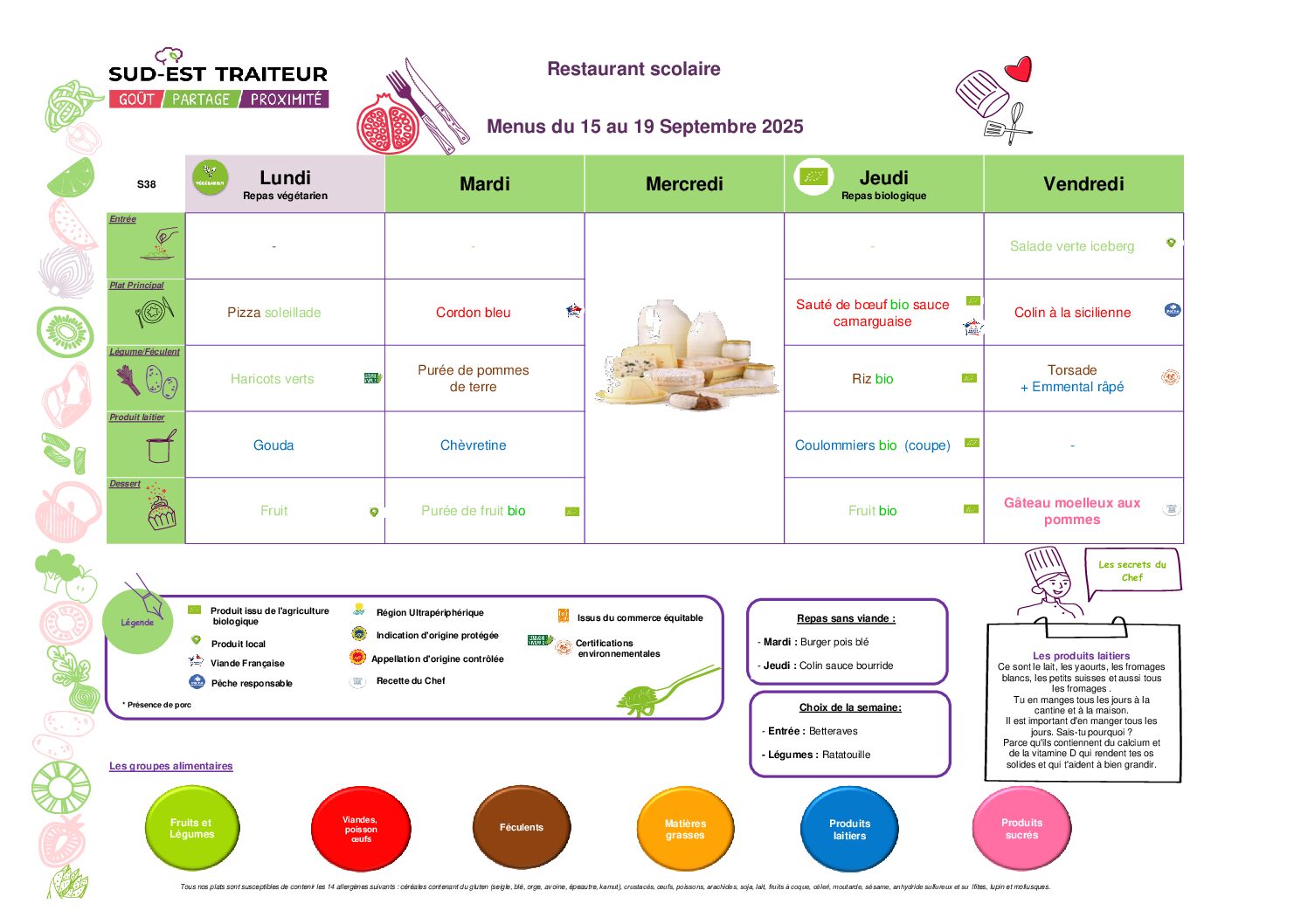 Menus du Lundi 15 au vendredi 19 septembre