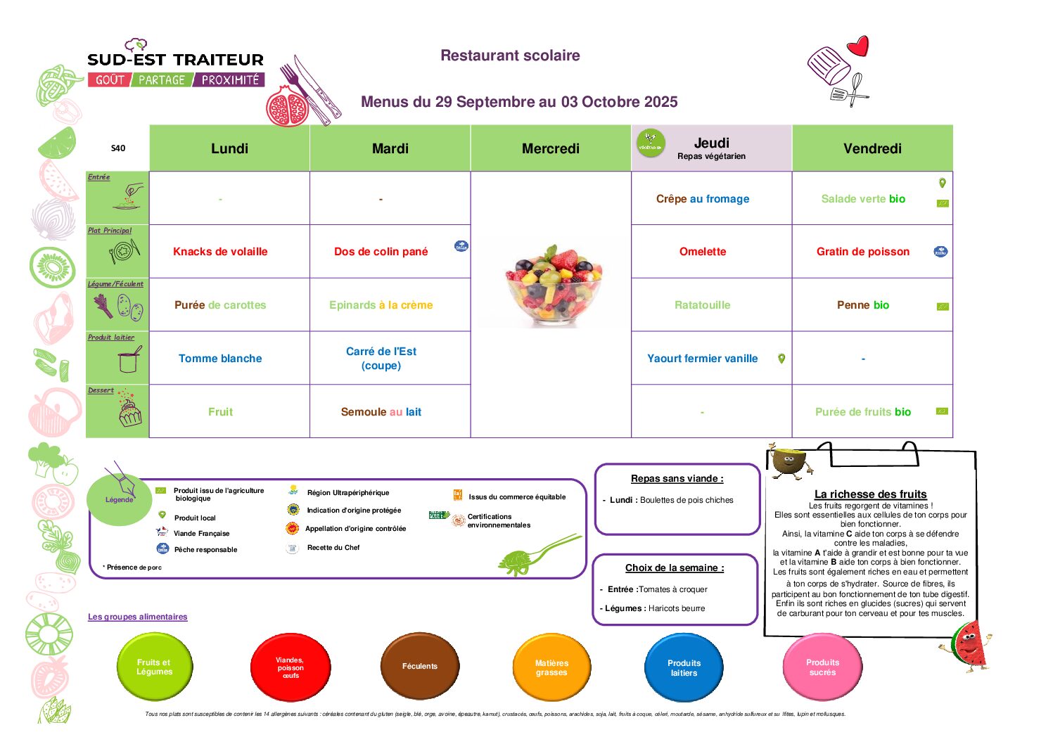 Menus du Lundi 29 septembre au vendredi 3 octobre