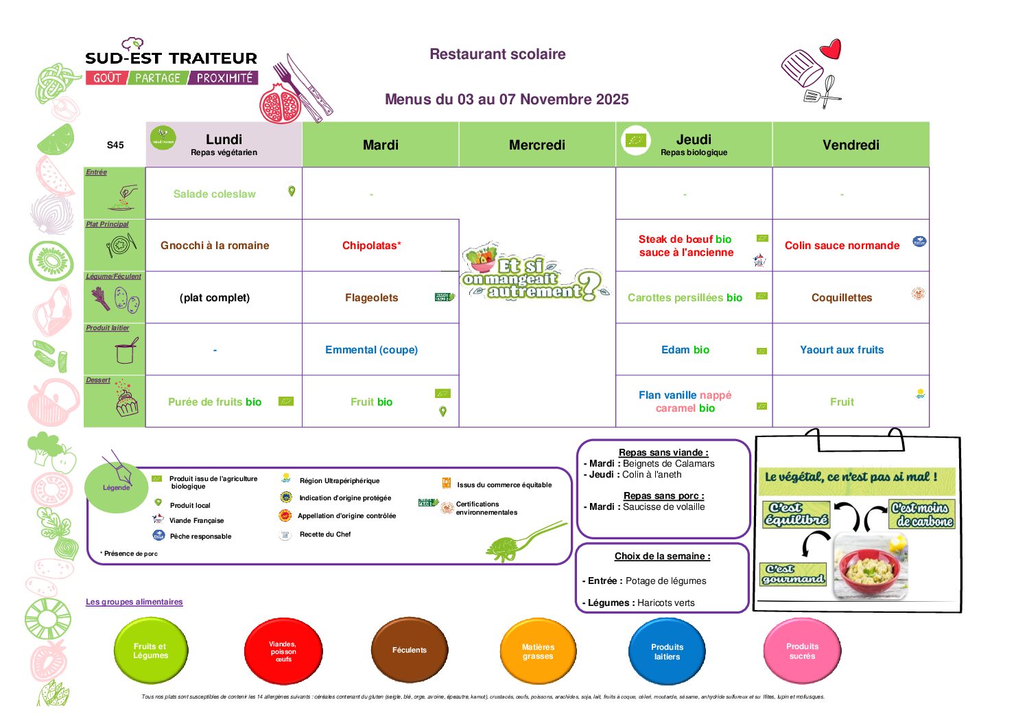 Menus du Lundi 3 au vendredi 7 novembre
