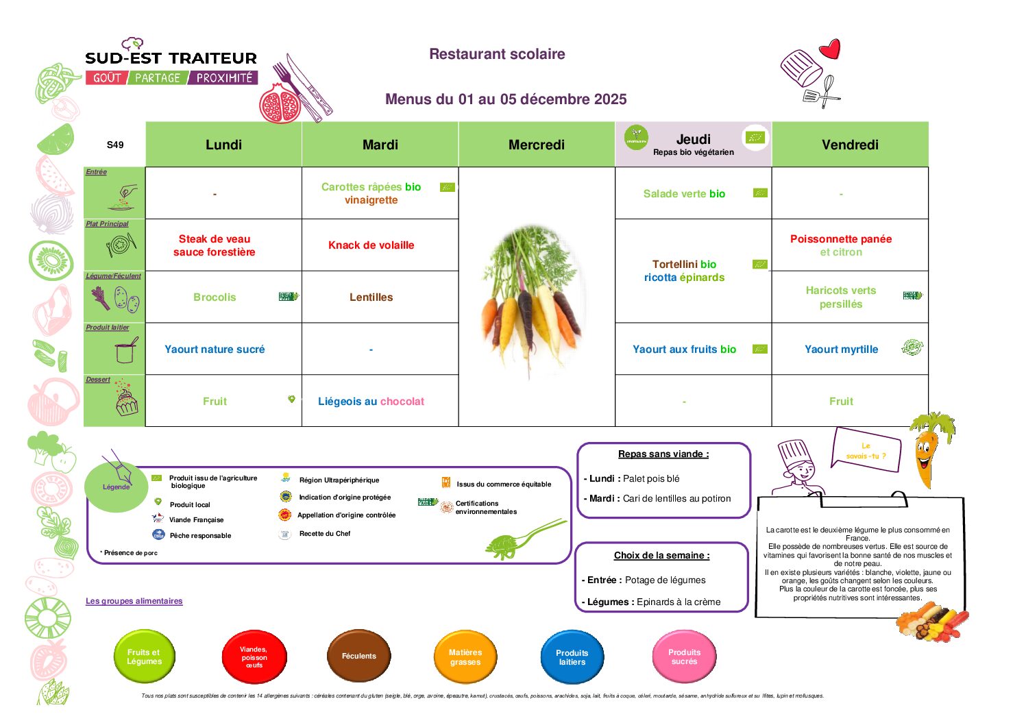 Menus du Lundi 1er au vendredi 5 décembre