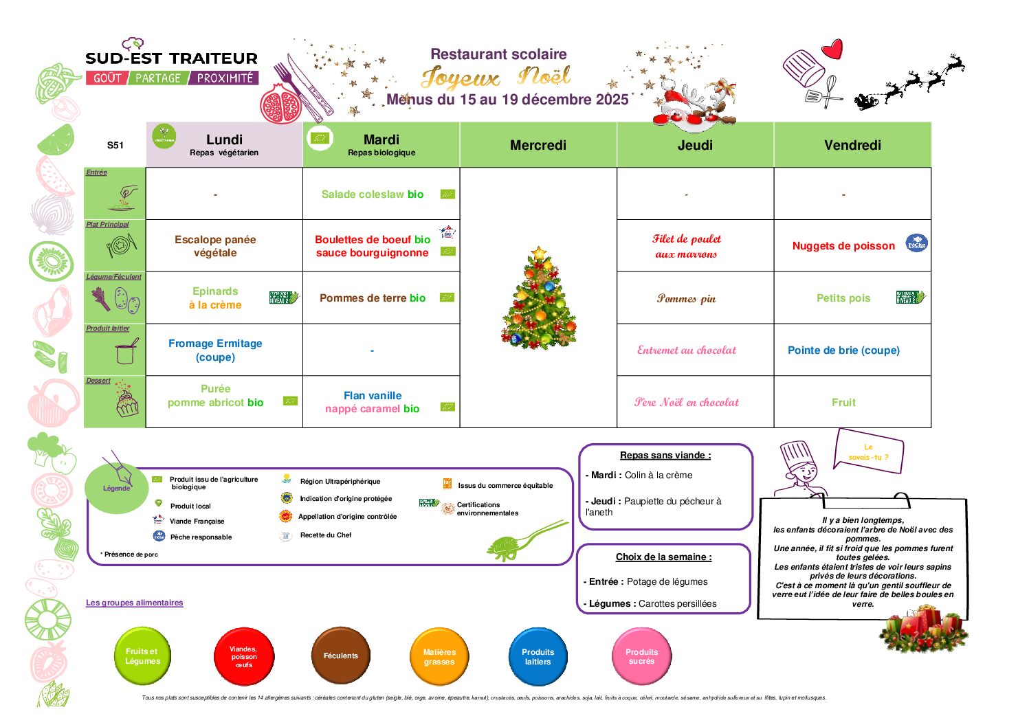 Menus du Lundi 15 au vendredi 19 décembre