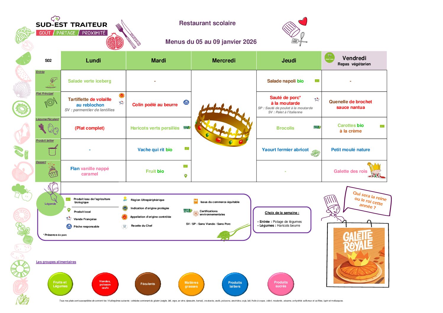 Menus du Lundi 5 au vendredi 9 janvier