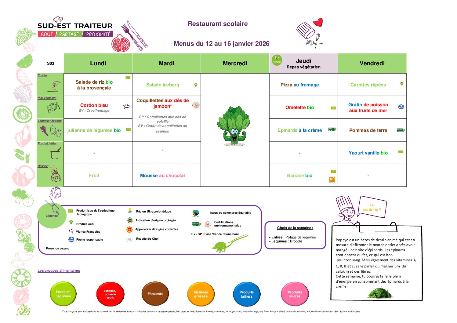 Menus du Lundi 12 au vendredi 16 janvier