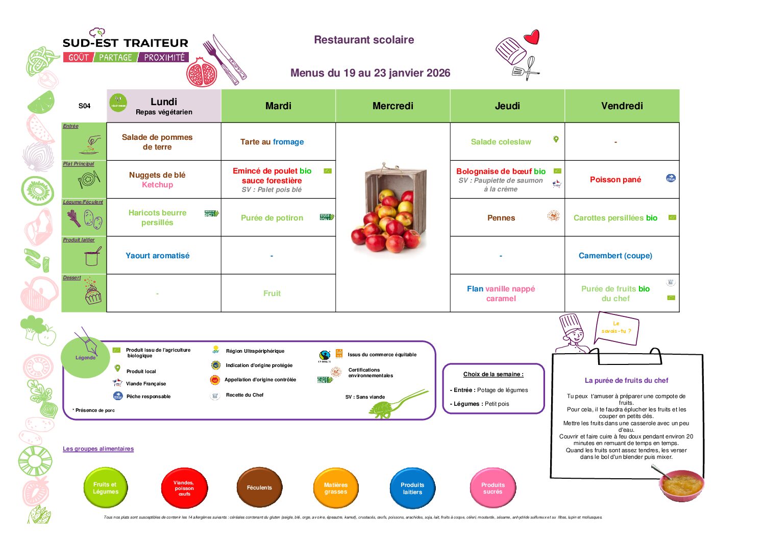 Menus du Lundi 19 au vendredi 23 janvier