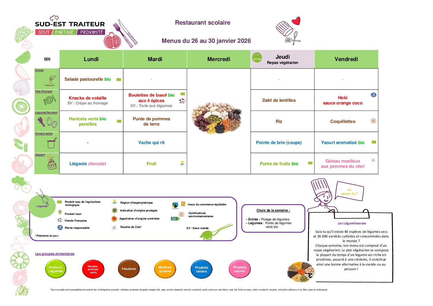 Menus du Lundi 26 au vendredi 30 janvier