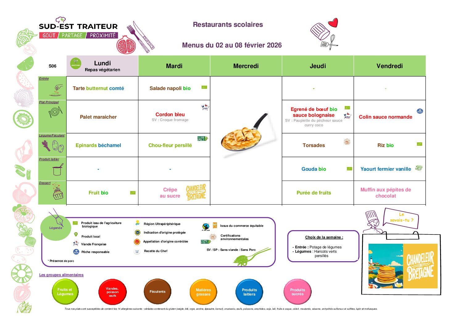Menus du Lundi 2 au vendredi 8 février