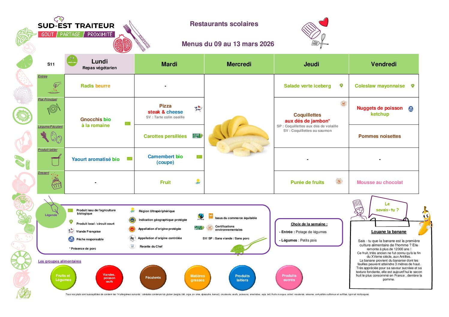 Menus du Lundi 9 au vendredi 13 mars