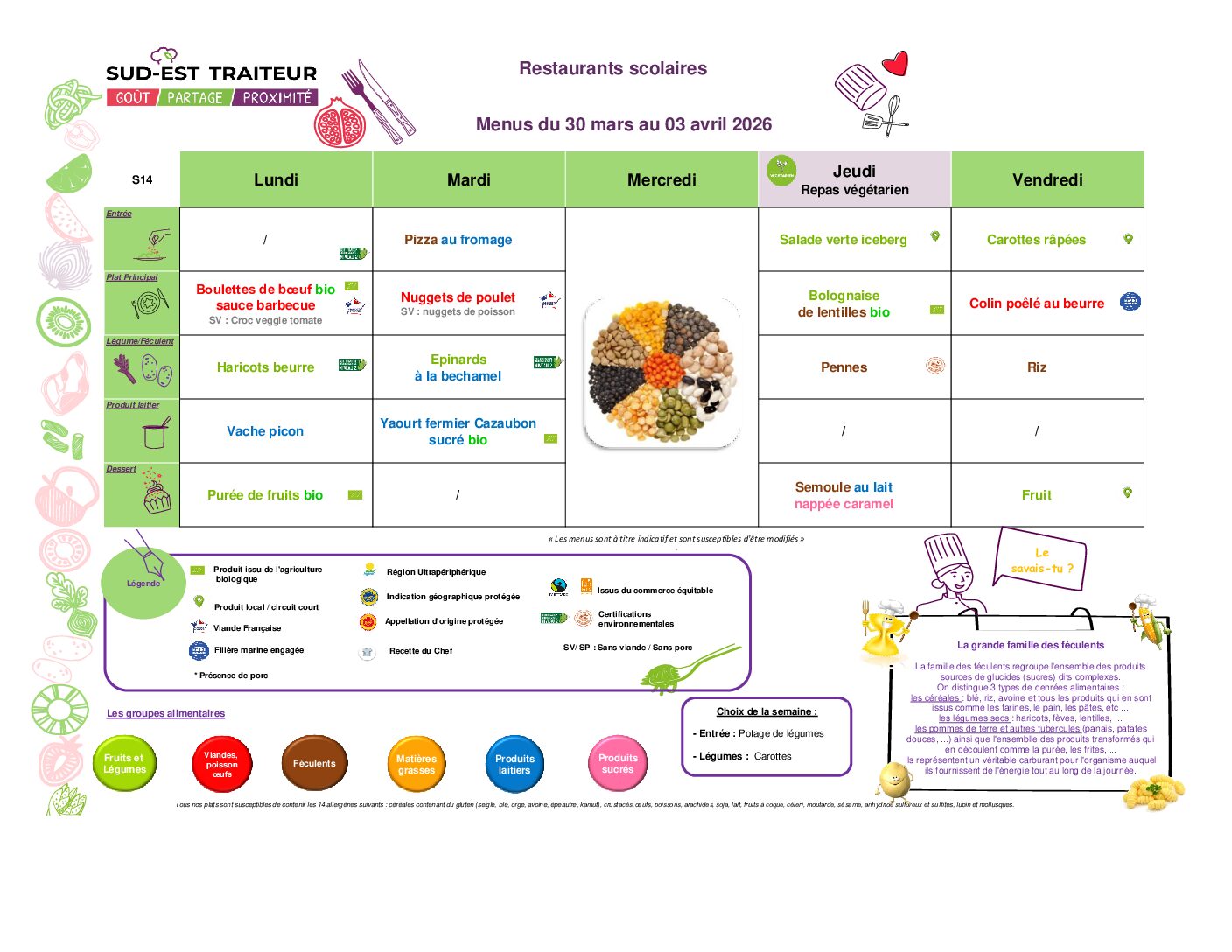 Menus du Lundi 30 mars au vendredi 3 avril